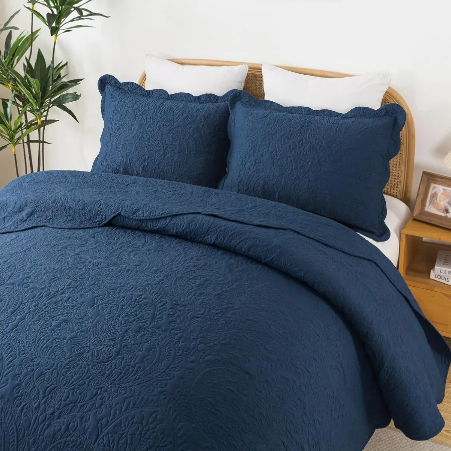 

King Size Quilt Set - Microfiber Bedspread for King Bed 3-Piece Lightweight Coverlet Retro Bedlinen Set All Season Use Navy