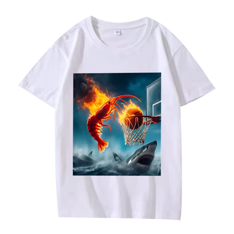 Shrimp Dunking on Shark Graphic Tee Retro Fishing Meme T-Shirt Men's Women's Summer Tops Aesthetic Clothes Summer Streetwear