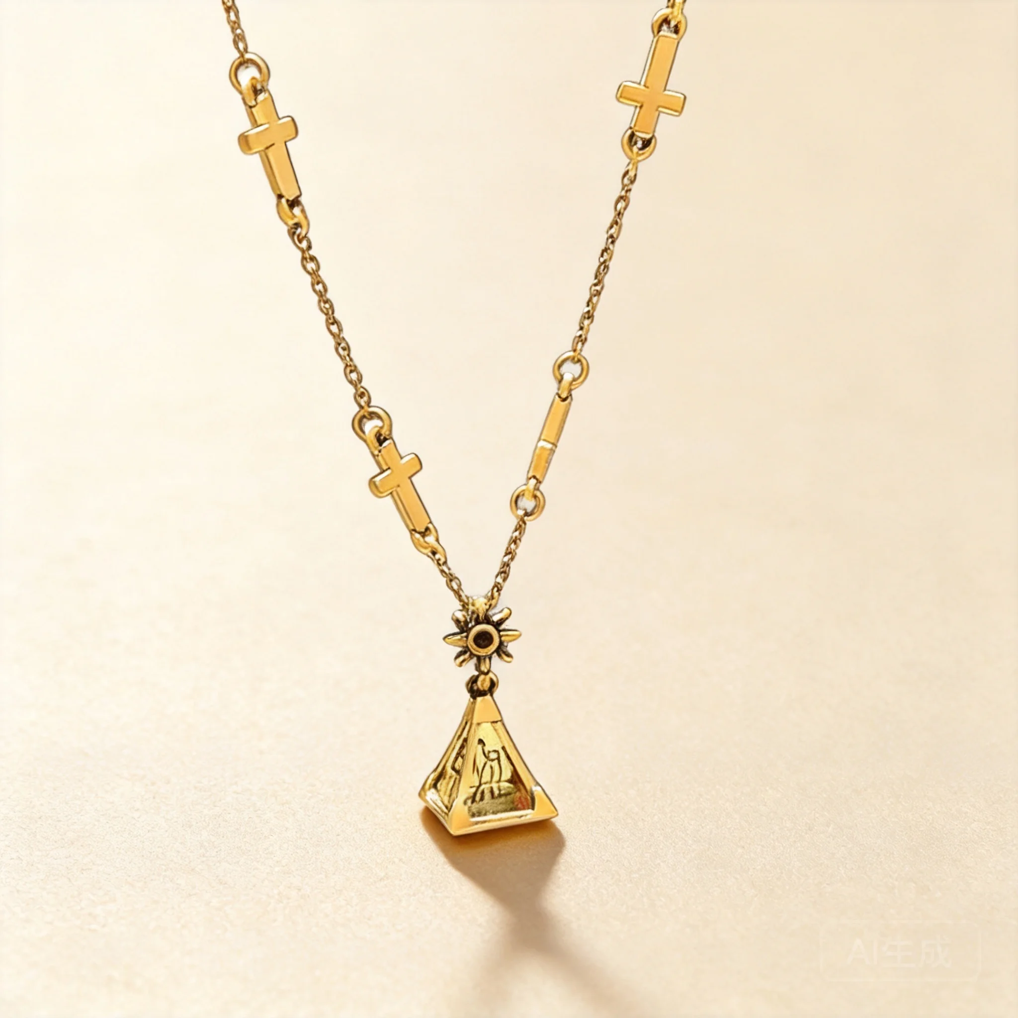 Vintage Gold Plated Cross Lucky Pyramid Pendant Necklace Sweet Cool Unique Design Clavicle Chain For Women Blessing Fortune Dail