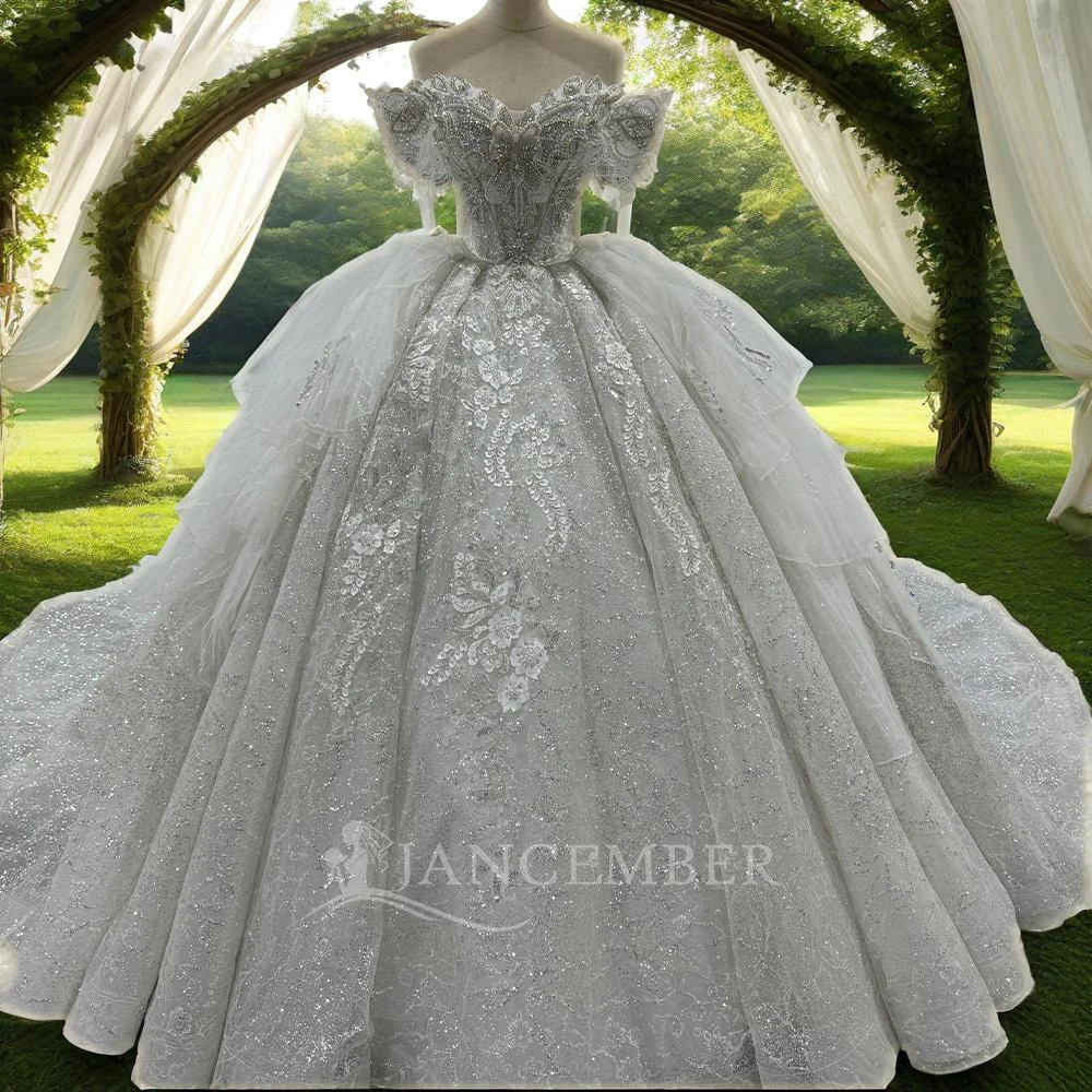 

Jancember Beaded Wedding Dress 2025 Short Sleeve Lace Princess Bride Ball Gown SwanSarah Plus Size Vestido De Novia MN240