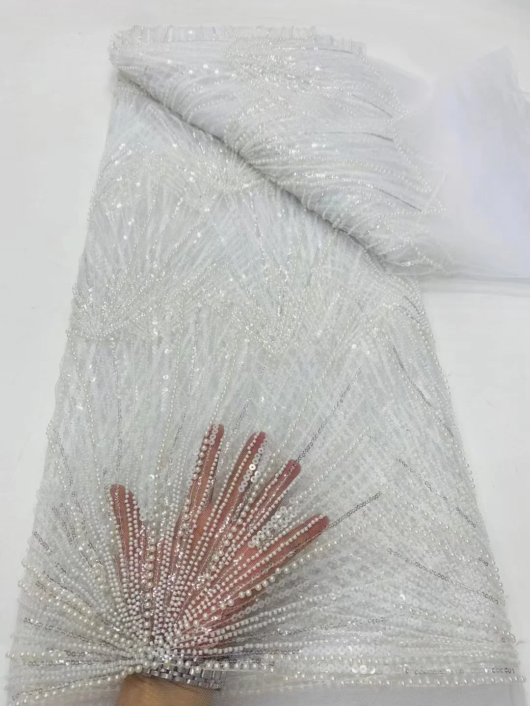 

White African Groom Sequins Beaded Lace Fabric 2023 High Quality Nigerian Wedding French Tulle Lace Material Sew Dress LDP23238