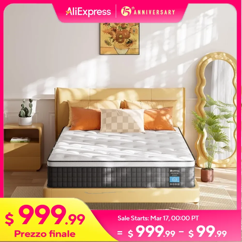 Colchões Queen Size de 12 polegadas com espuma viscoelástica e mola independente, macios e confortáveis, alívio de pressão, frescos e respiráveis