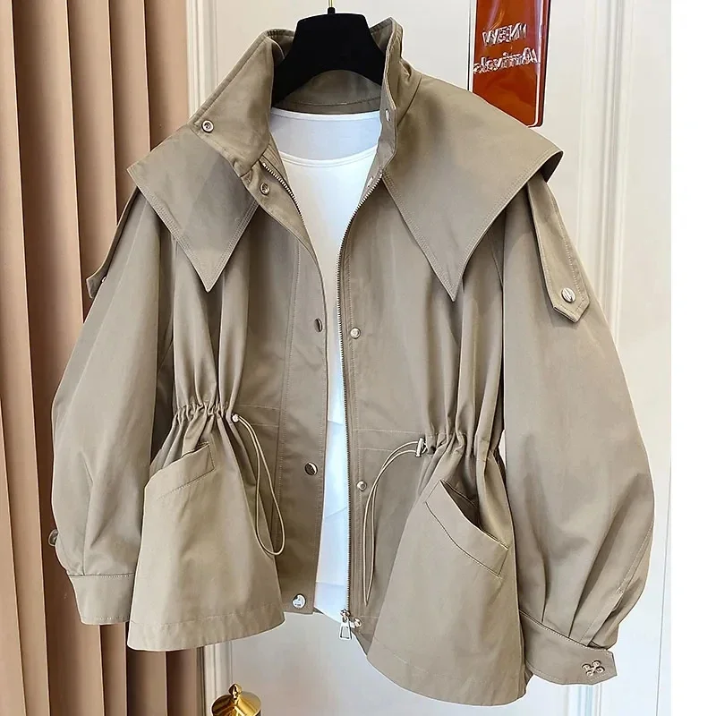 

Spring Autumn Oversized Casual Waterproof Khaki Windbreaker Women Long Sleeve Hood Drawstring Zipper Jacket