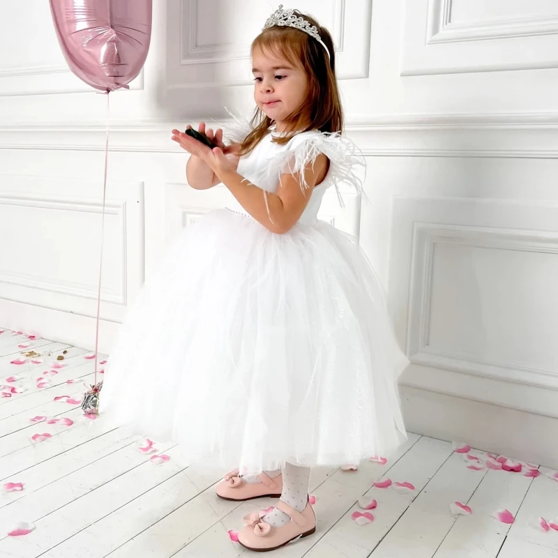 White Flower Girl Dresses Tulle Pearls Neck Featral Sleeve For Wedding Birthday Party First Communion Gowns