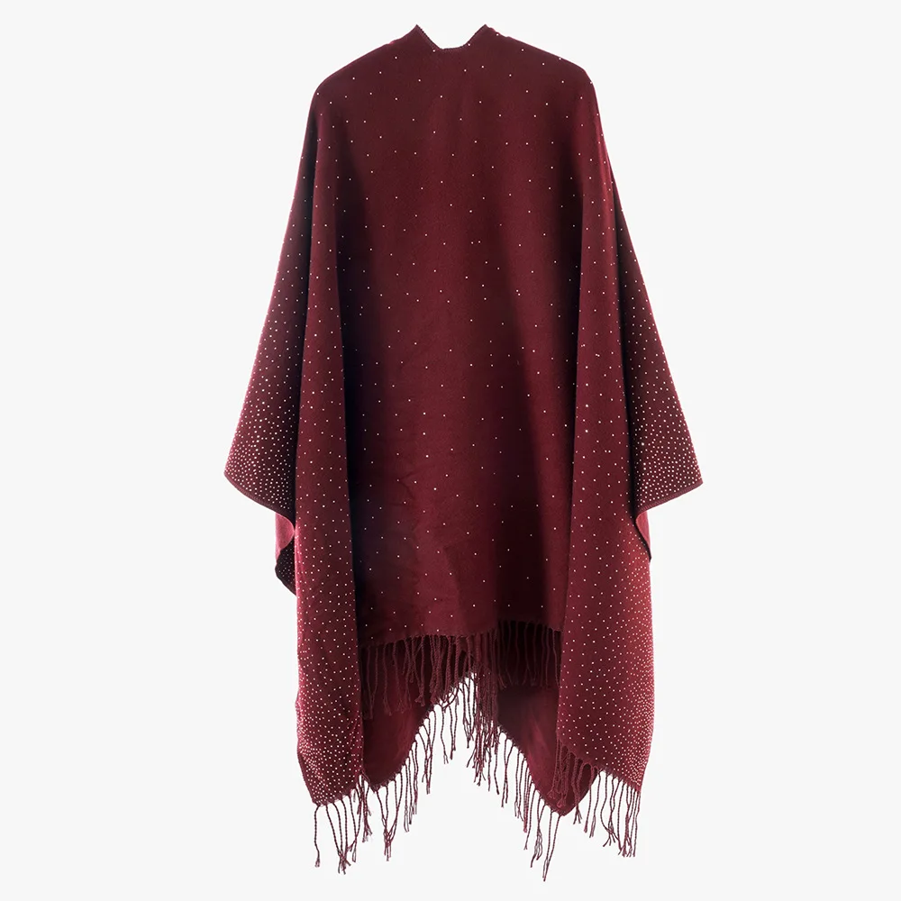 Elegant Fashion Shiny Rhinestones Decorated Acrylic Cashmere Poncho Wraps Women Autumn Winter Cape Party Travel Cloak Outerwear