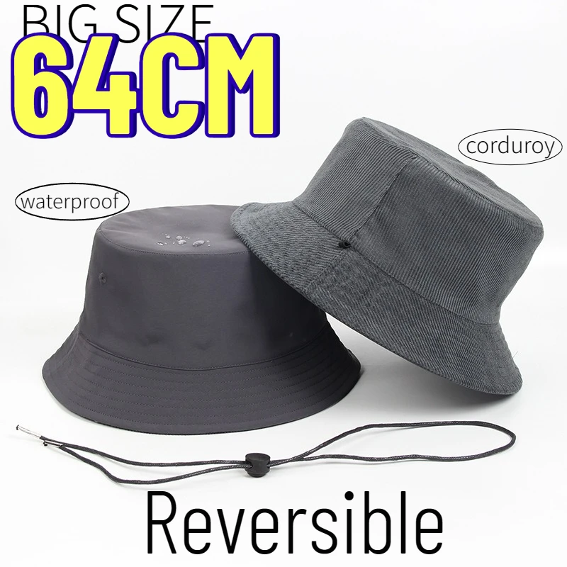 Big Head Two-sided Reversible Bucket Hats Men Plus Size Outdoors Waterproof Sun Hat  Autumn Winter Warm Corduroy Fisherman Cap