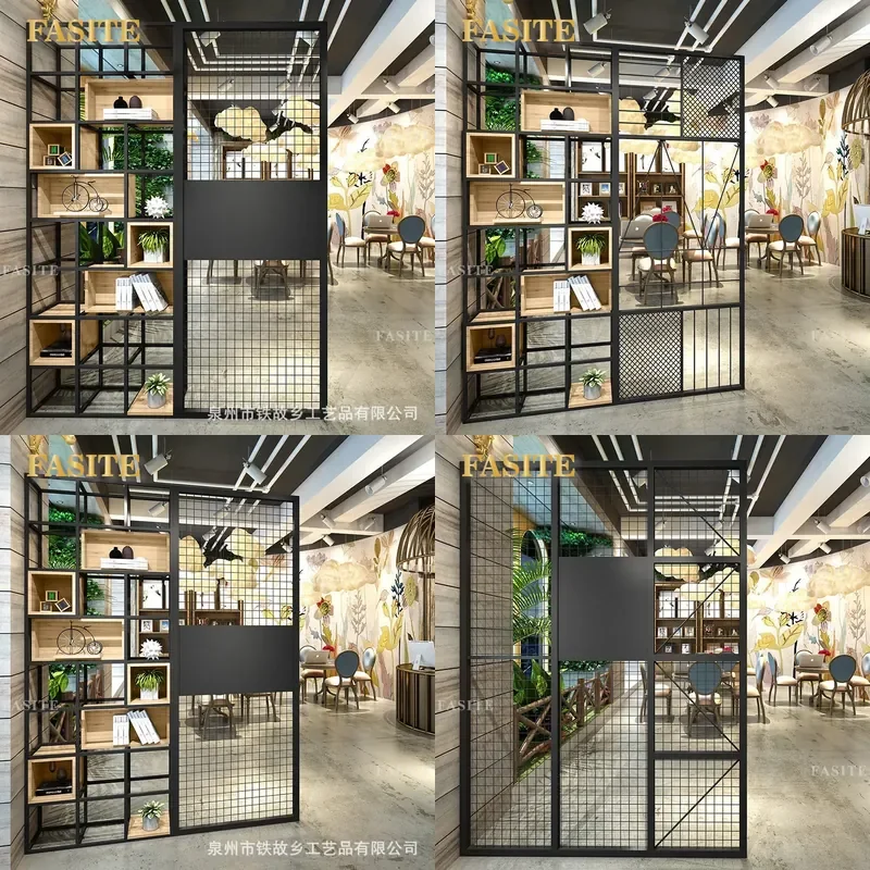 For Industrial Wrought Iron Solid Wood Floor Partition Rack Bookshelf Lattice Shelf for Cafe Office Home Decor Storage