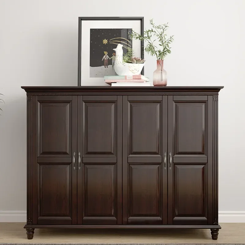 All Solid Wood Retro Dark Walnut Three Or Four Door Wardrobe Small Apartment Short Wardrobex14