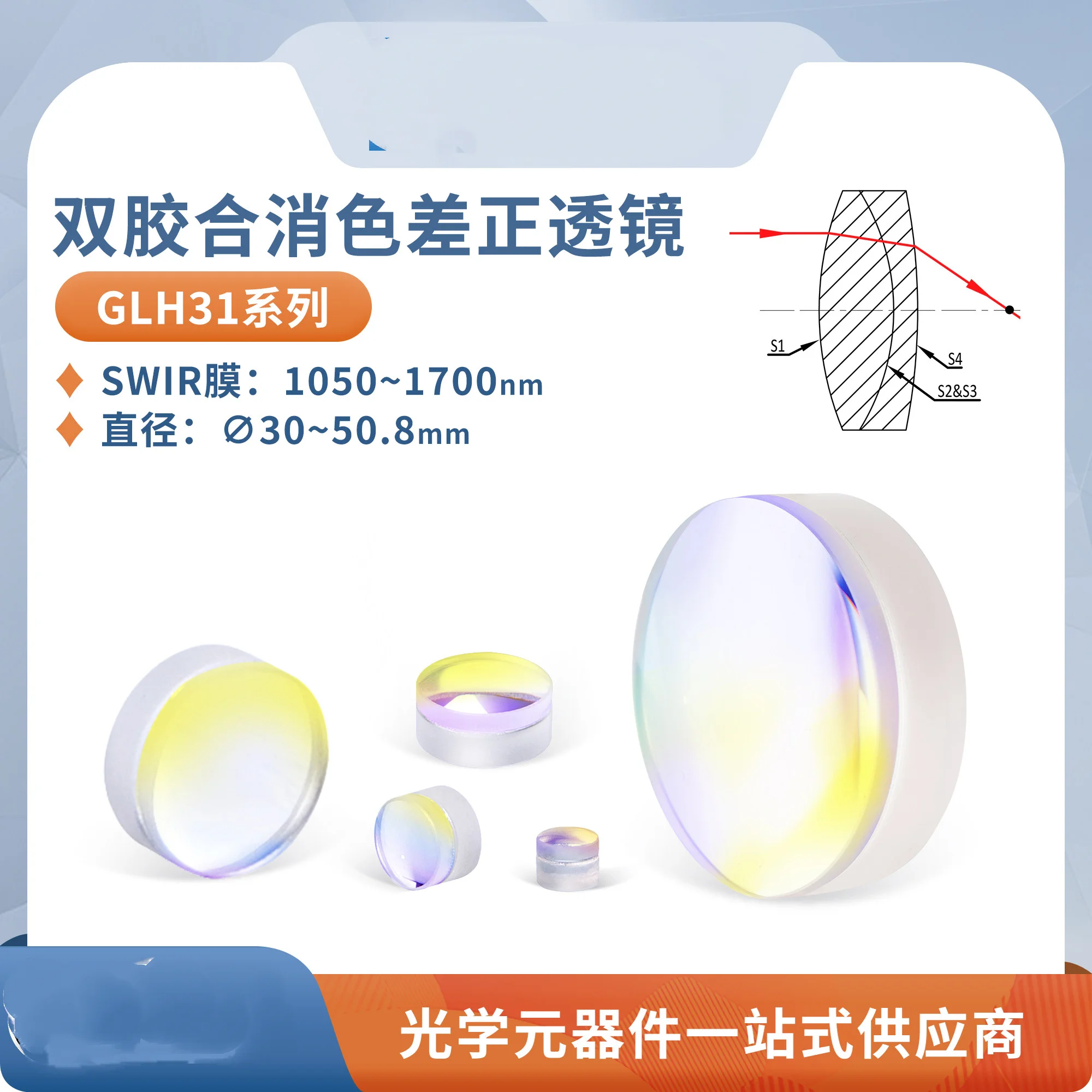Double glued achromatic lens diameter 30-50.8mm short wave infrared anti-reflection 1000-1650nm