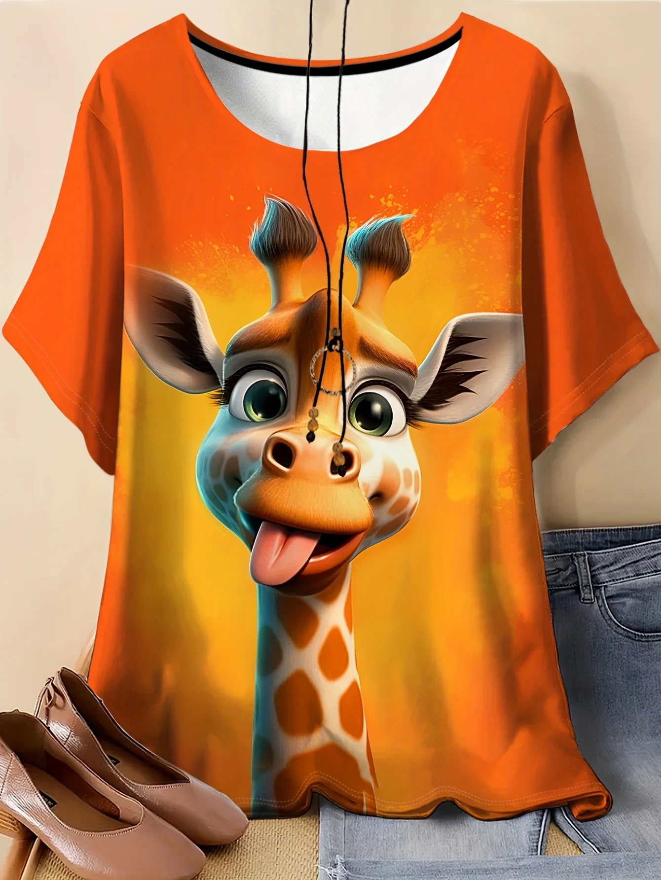 Women Crew Neck Short Sleeve T‑shirt Funny Cartoon Giraffe Face Print Orange Gradient Summer Casual Top