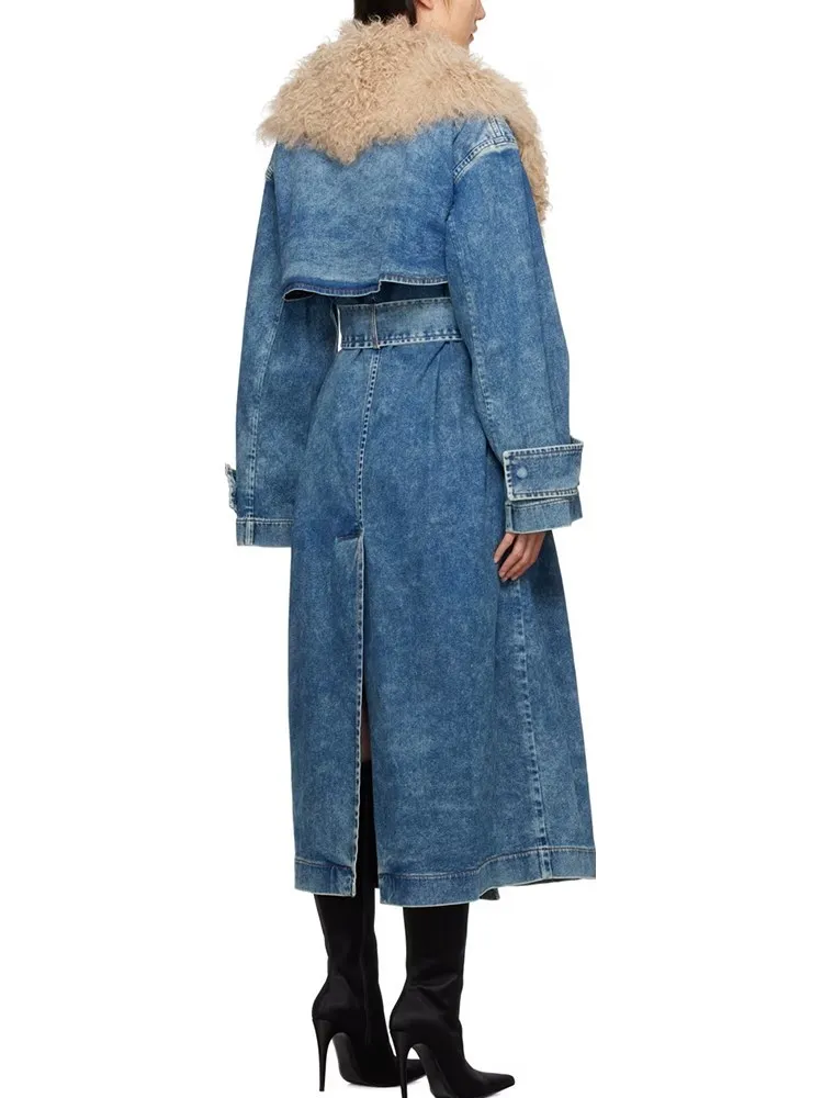 KBQ Patchwork Lambswool Hit Color Chic Denim Trench For Women Lapel Long Sleeve Patchwork Lace Up Casual Loose Trenches Female