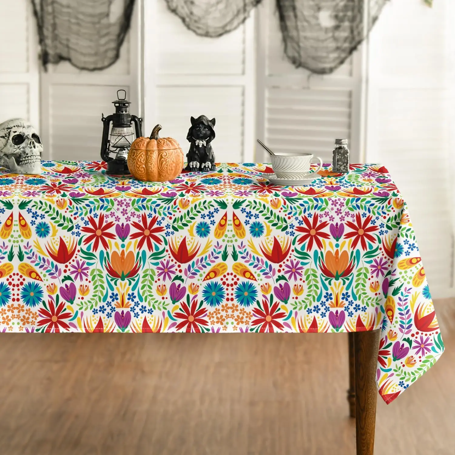 Mexican Day of The Dead Flowers Birds Tablecloth Table Decor Washable Waterproof Kitchen Dining Table Cloth Holiday Party Decor