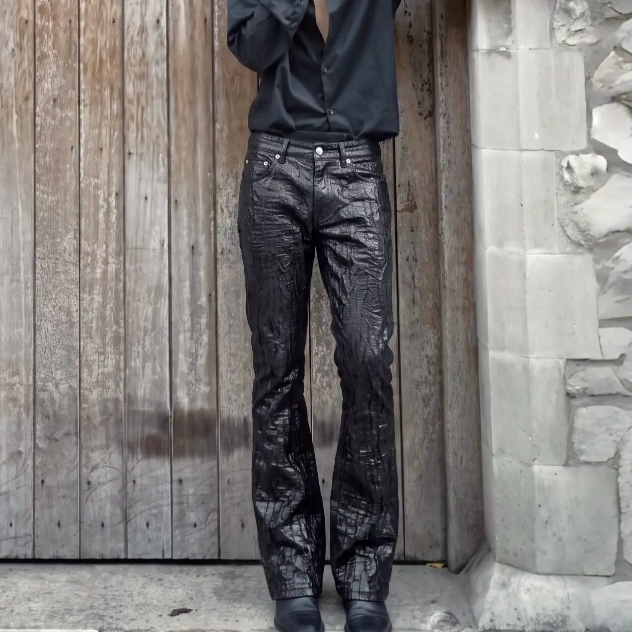 Mens Black Cracked Coated Jeans Waxed Finish Fit Flared Denim Pants for Dark Fashion and Avant Garde Streetwear Looks