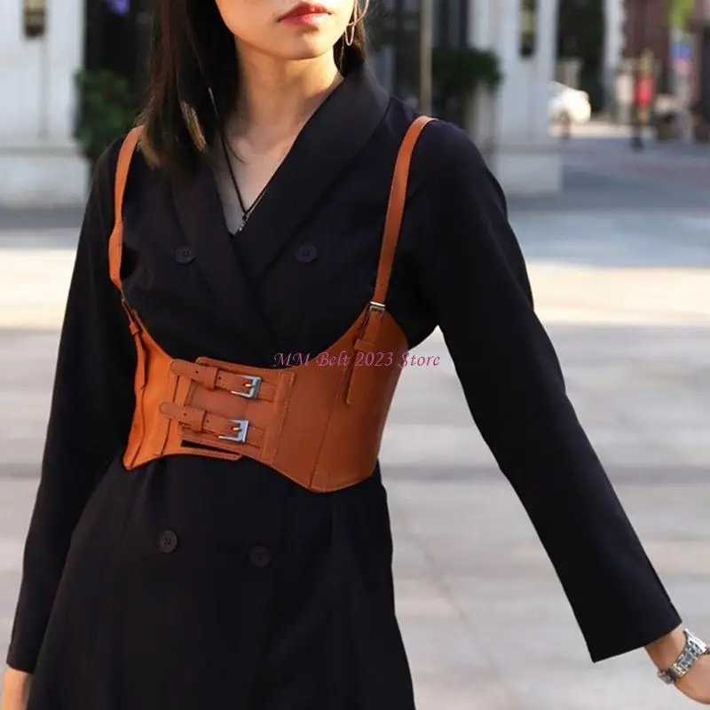 49me女性ヴィンテージゴシックフェイクレザーアンダーバストコルセットクロップトップソリッドカラー調整可能ベストウエストベルトダブルバックルシンチ