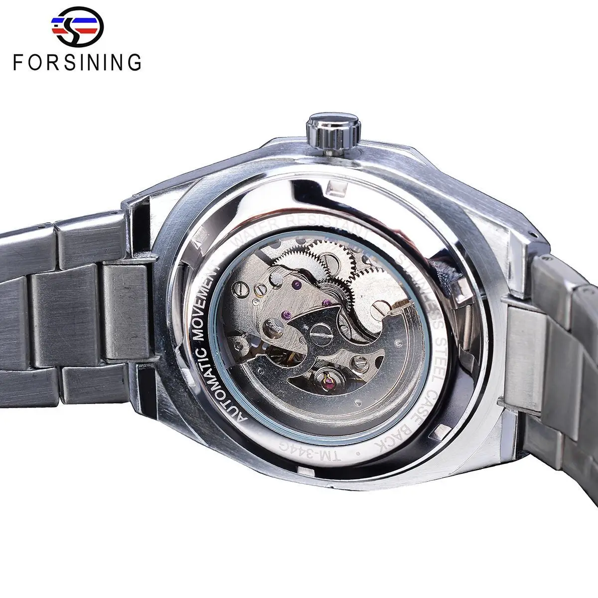Forsining Silver Automatic Watch Men 3D Diamond Dial Irregular Tourbillon Skeleton Mechanical Wristwatches Luminous Hands Clock