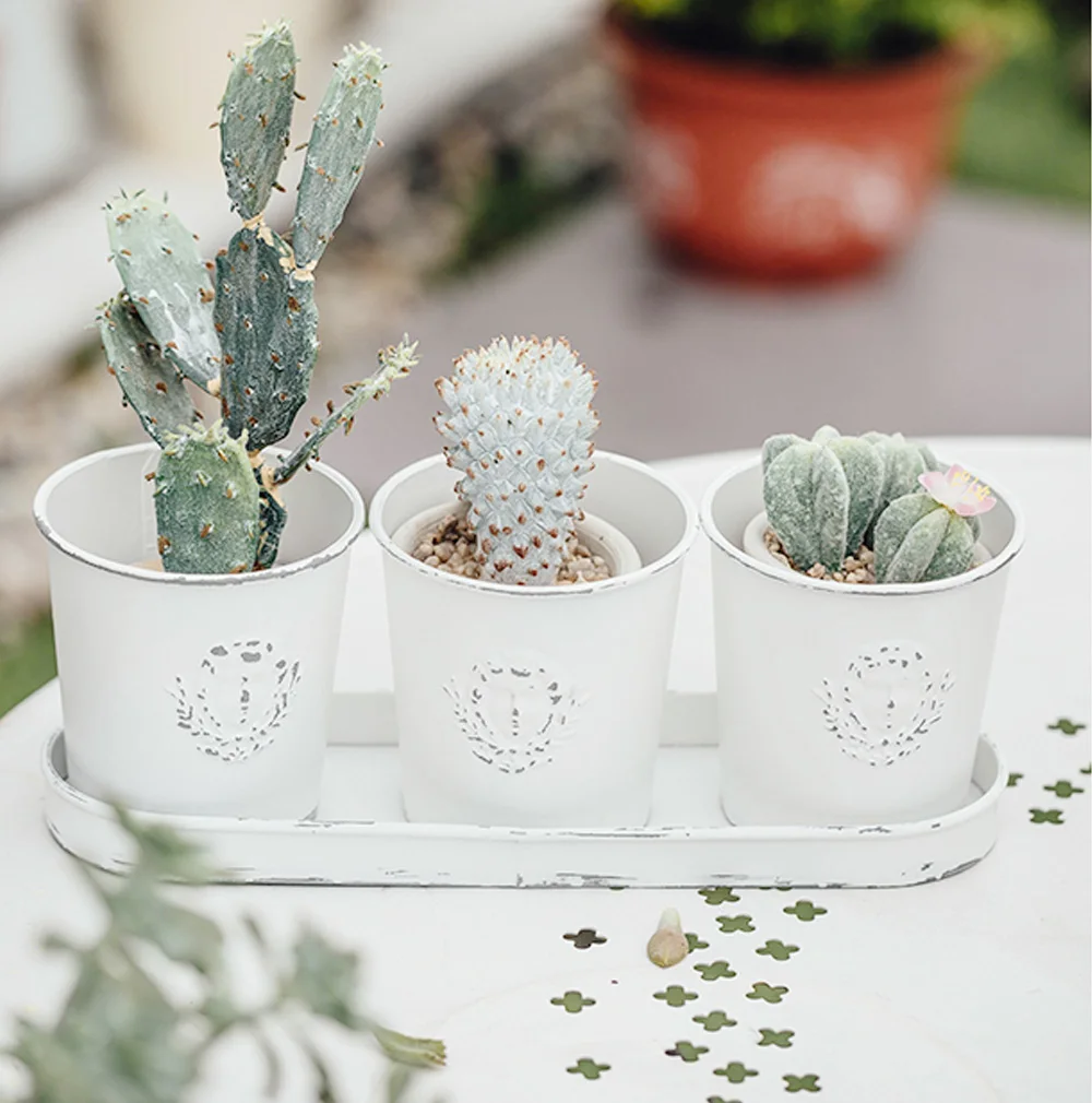 Vintage Retro Metal White Decorative 3 Flowerpots with 1 Tray