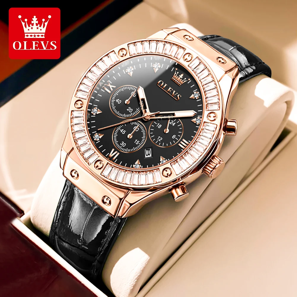 OLEVS 9978 Damenuhr Multifunktionale Quarzuhr Wasserdicht Leuchtend Lederarmband Elegante Modische Uhren für Frauen Geschenke