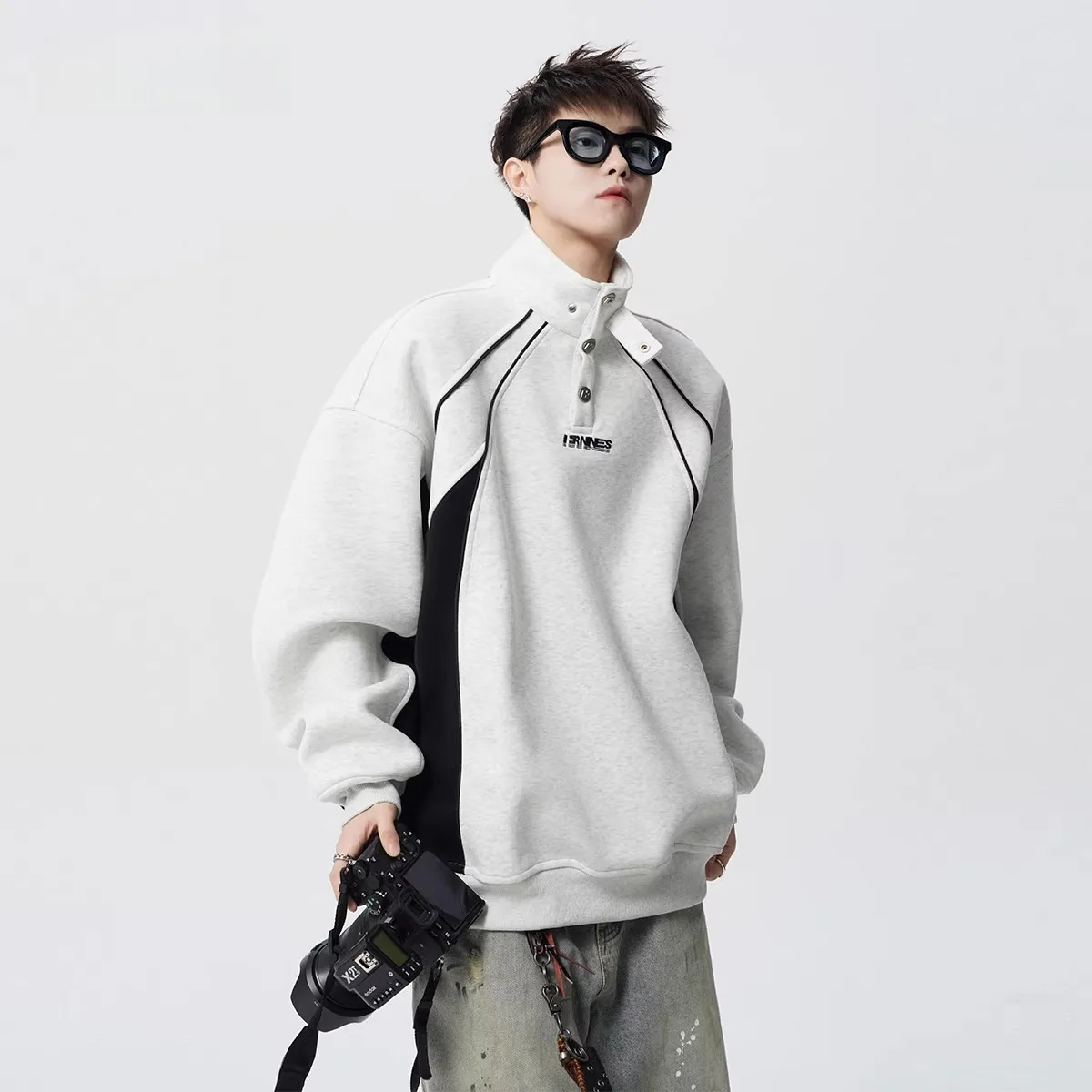 

Американская толстовка с вышивкой для мужчин, зимняя, в стиле High Street, с цветными блоками, воротником-стойкой, ретро, универсальный топ