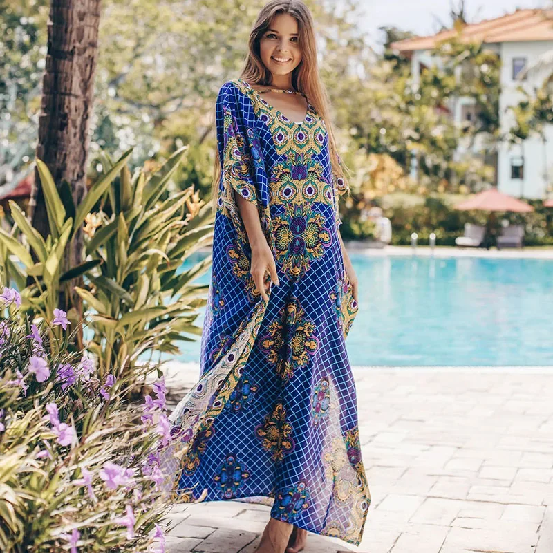 Boho plażowa sukienka Maxi kobiety z nadrukiem Kaftan tunika z dekoltem w stylu Vintage szata Plage Femme kostium kąpielowy okrycie