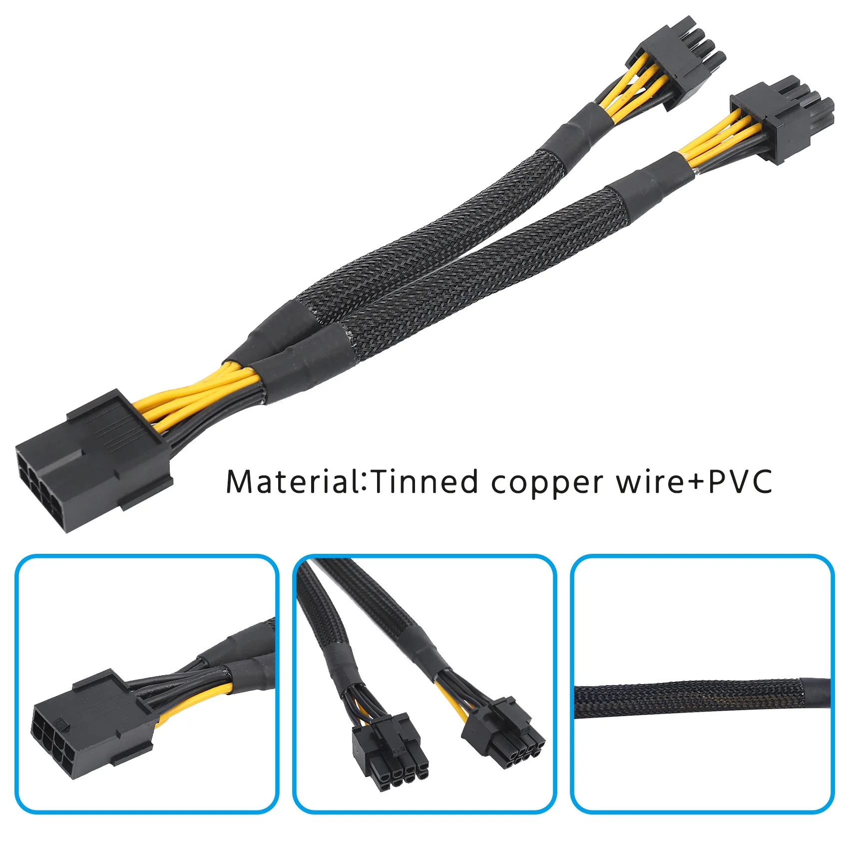SMIEA 1PCS GPU PCIe 8 พินหญิงคู่ 2X8 พิน (6 + 2) ชาย PCI Express Power Adapter Braided Y-Splitter สาย,20 ซม.