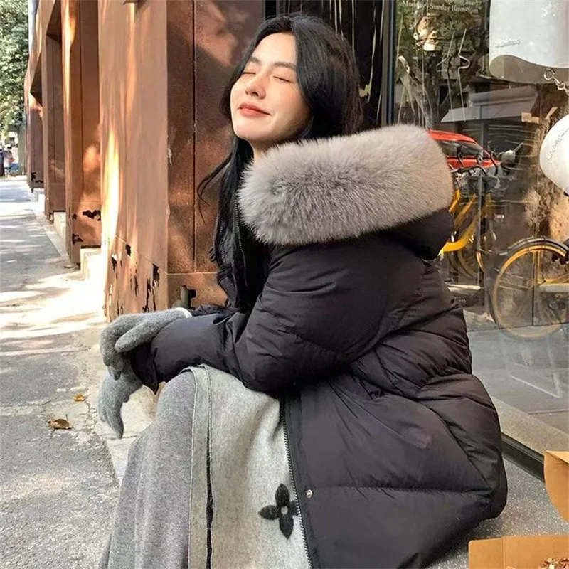 Medium And Long Down Cotton-padded Jacket Female Winter 2024 New of Over-the-knee Cotton-padded Coat Loose Padded Fur Collar Top