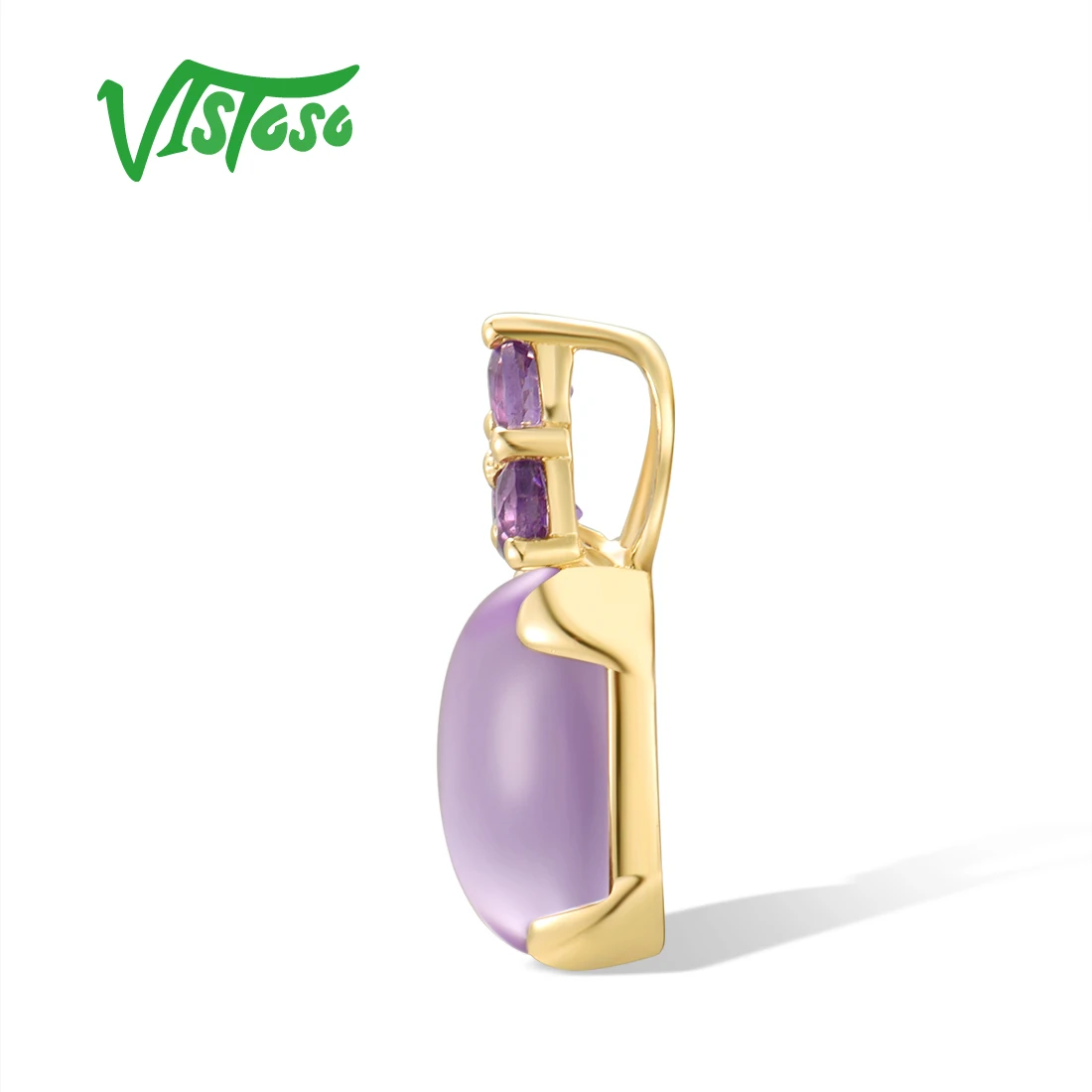 VISTOSO Pure 14K 585 Yellow Gold Pendant For Women Genuine Amethyst Simple Oval Wedding Party Gifts Fine Jewelry Set Handmade
