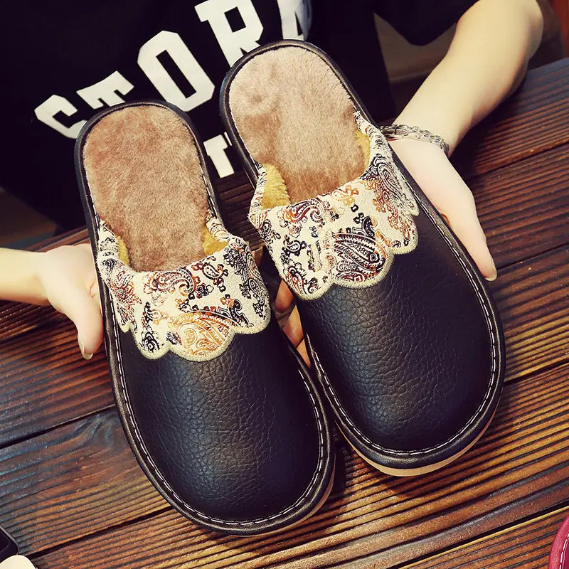 

Women Cotton Slippers Plush Warm PU Leather Home Winter Shoes Woman Thick Indoor Floor Slippers Non-slip Thermal Couple Slippers