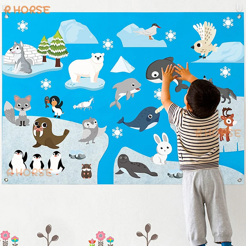 

46Pcs Polar Animals Felt Board Story Set Arctic Bear Penguin Whale Montessori Preschool Toy for Kids Early Learning Teaching Aid