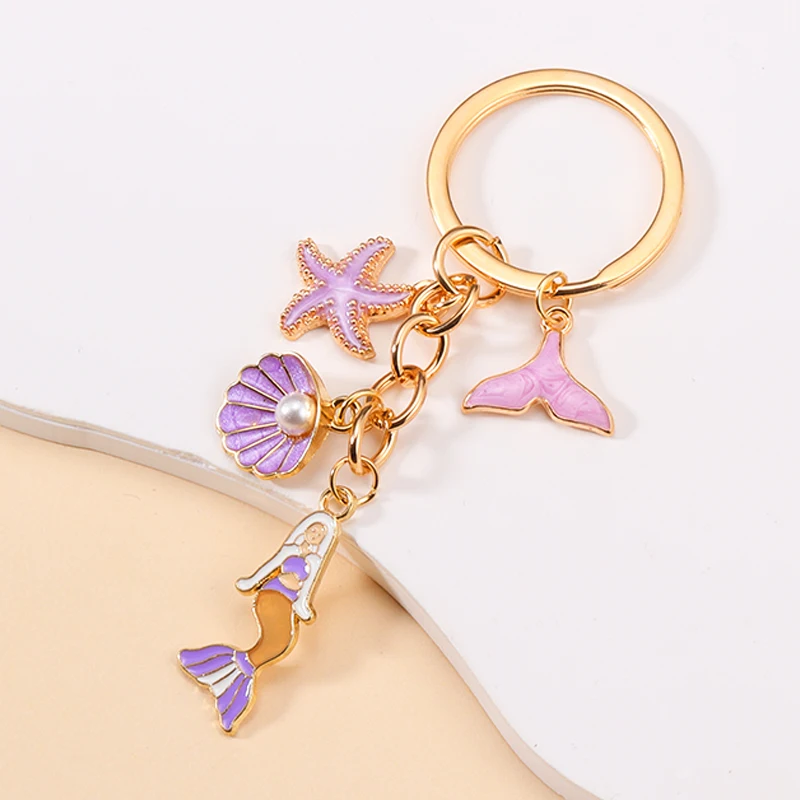 Pretty Enamel Starfish Shell Mermaid Keychain Delicate Sea World Series Key Rings For Girls Women DIY Jewelry Gifts To Kids