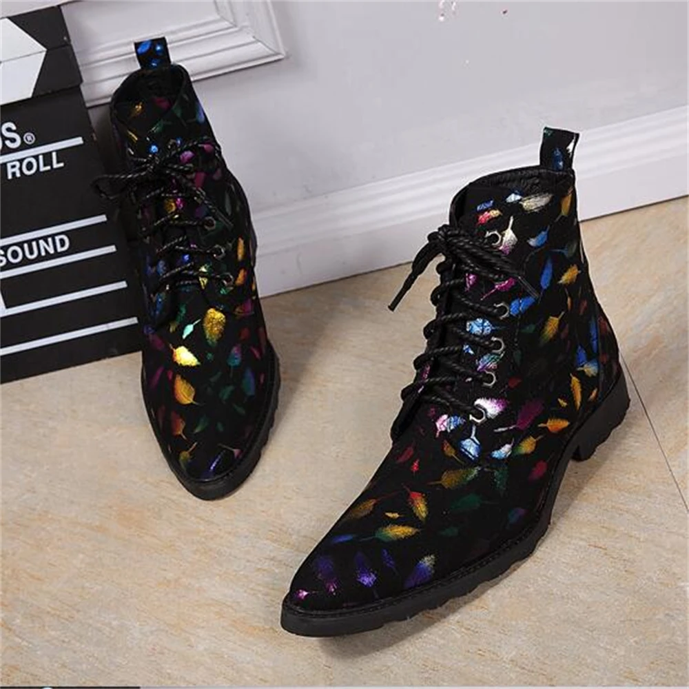 Black Nylon Feathers Printing Cross-Tied High Heels Pointed Toe Boots Male Plus Size Fashion Party Business Cowboy Dress Shoes