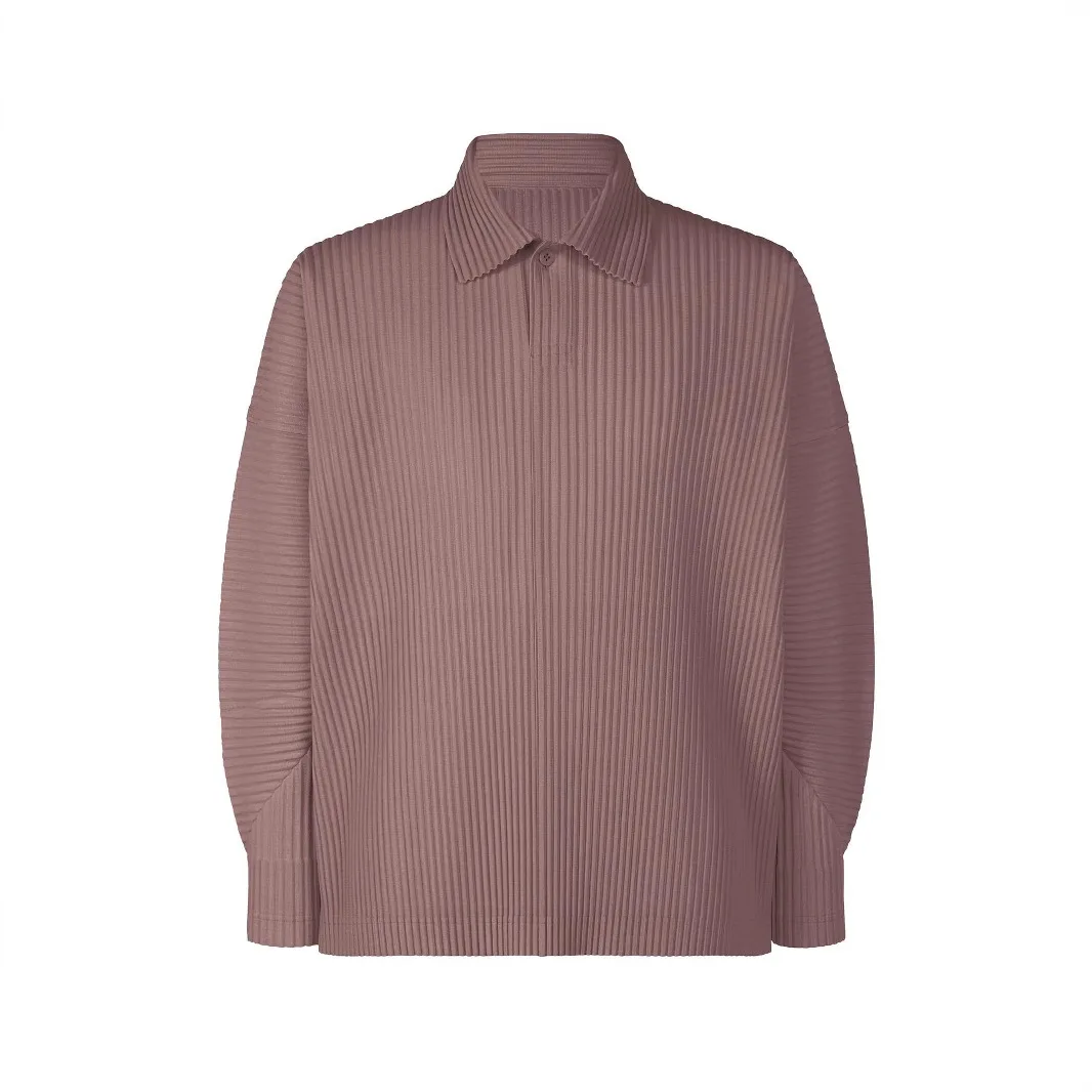 Miyake Men's Solid Color Plisse Japanese Casual Classic Pleated Loose Casual Fashion Pleated Lapel Long Sleeve Top Polo Shirt - Image 4