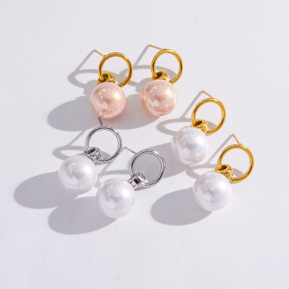 Fashionable Small Cute Pink White Pearl Stud Drop Earrings Women Stainless Steel Gold Plated Jewelry Earrings