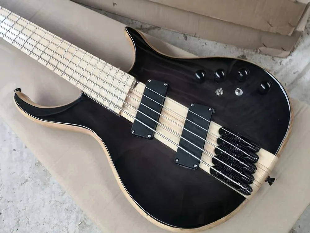 Factory Outlet-5 Strings Black Neck-thru-body Electric Bass with Slanted Frets