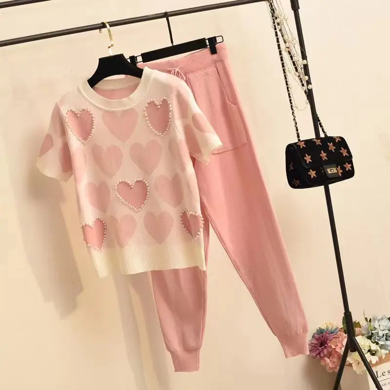 Casual Women Home Wear Knit Set Summer Short Sleeve Pearl Splice Top And Pencil Pants With Pocket Elegant Sweet Office Lady Set