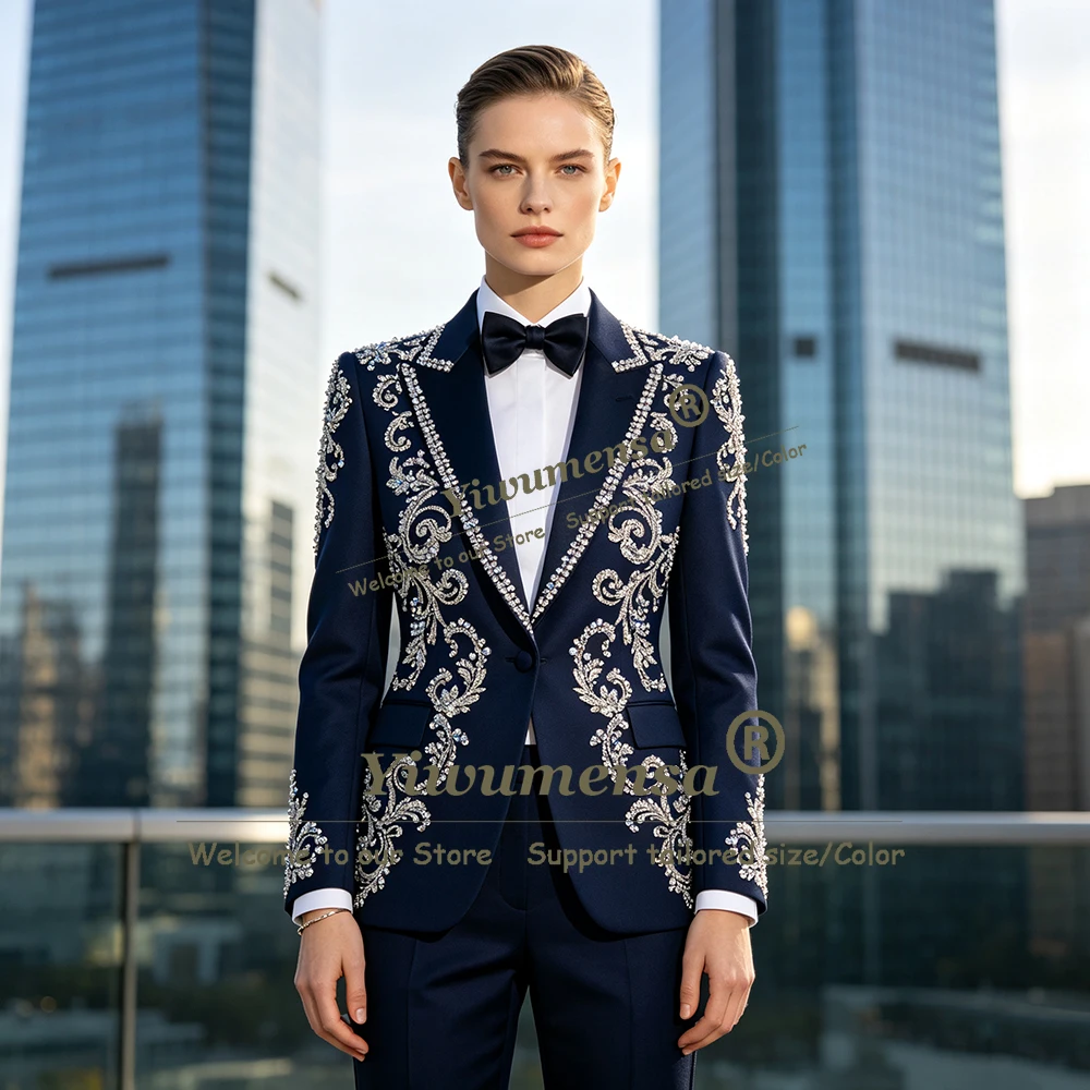 Sparkly Diamond Beading Women Suit Single Breasted Jacket Pants 2 Piece Sets Bride Mother Dress Customized Lady Business Tuxedo