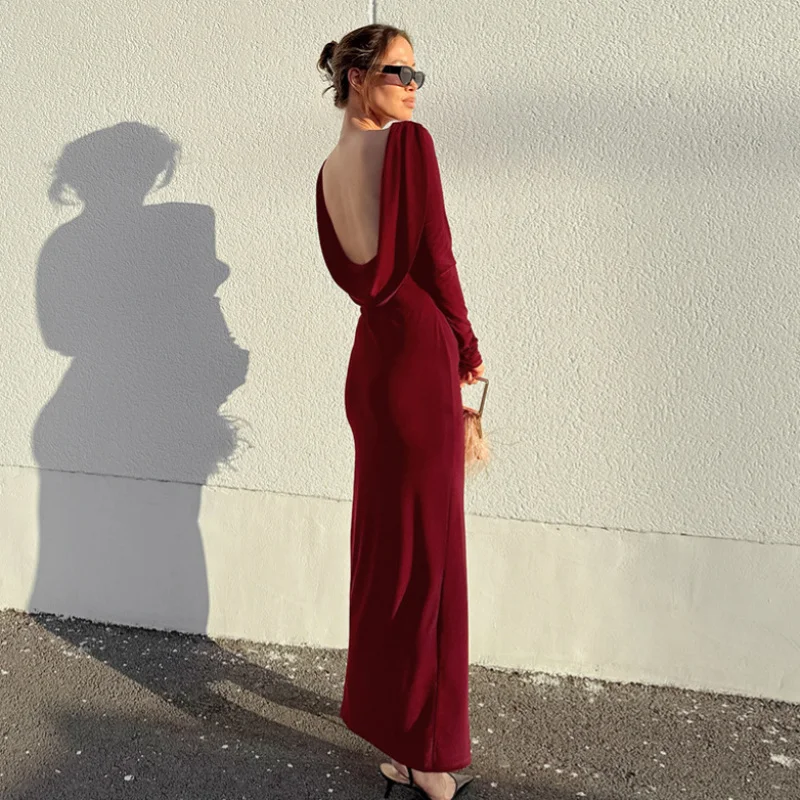 

Autumn Winter New Pure Desire Style Red Slit Backless Long Dress for Women Elegant Waist-Cinching Design Long Dress