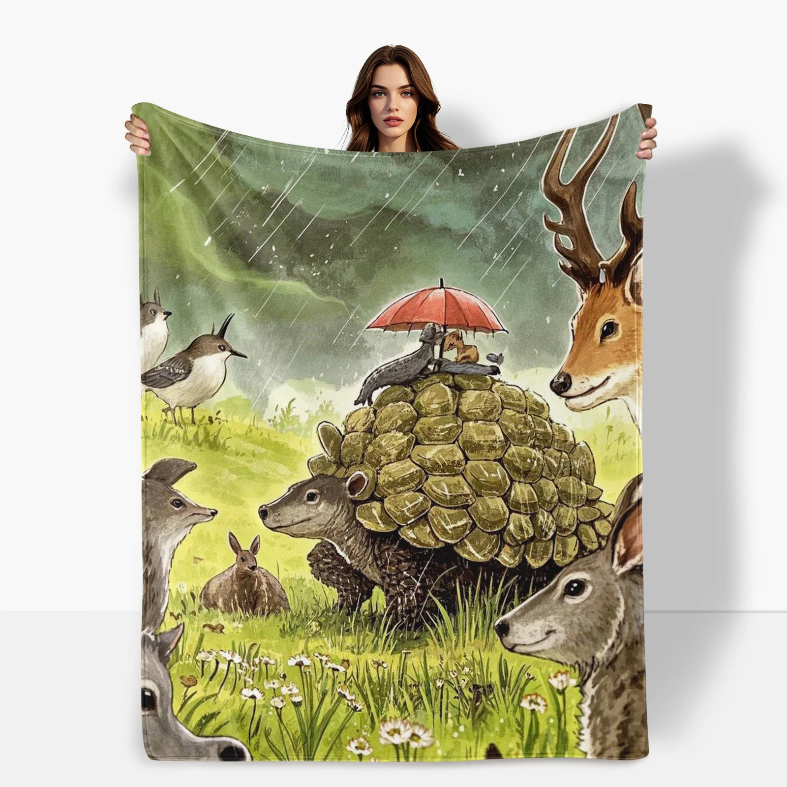 Armadillo Inspired Blanket Featuring Deer Rabbit Birds And Rainy Meadow Scene For Indoor Outdoor Use