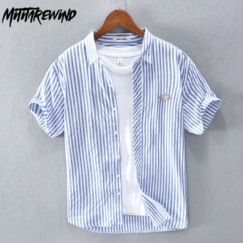 

Summer New Mens Short Sleeve Shirt Daily Causal Loose Shirts Turn Down Collar Striped Shirt Simple Style Tops Youth Men Clothing