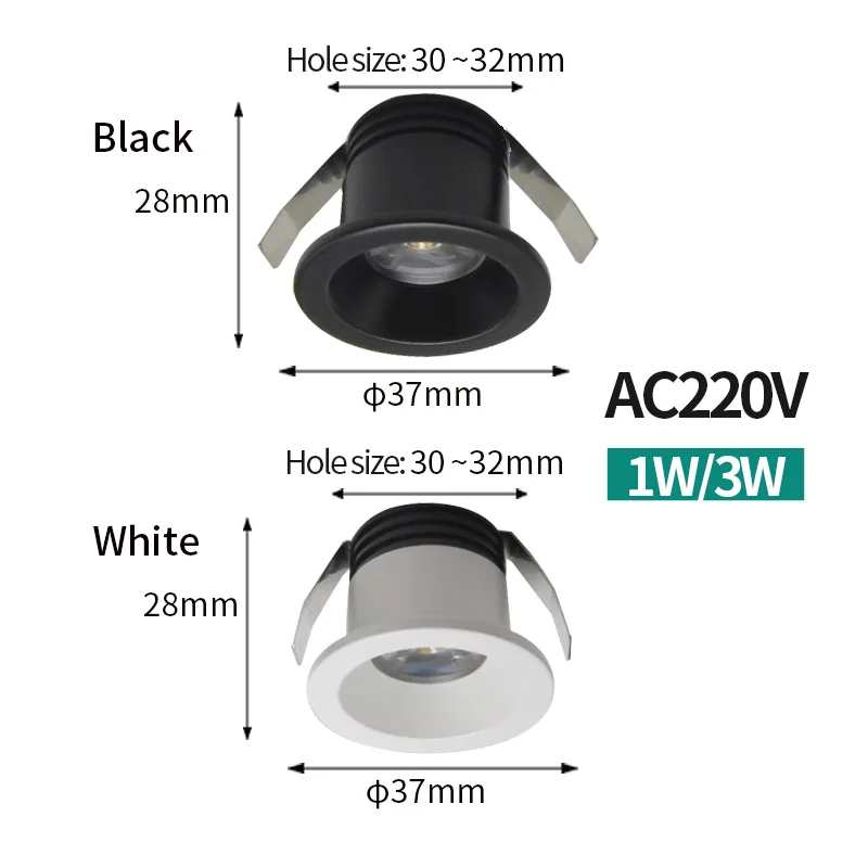 Lampu LED Mini Downlight 1W 3W 30-32mm ukuran lubang AC220V lampu tampilan perhiasan lampu langit-langit lampu sorot kabinet Tertanam hitam/putih