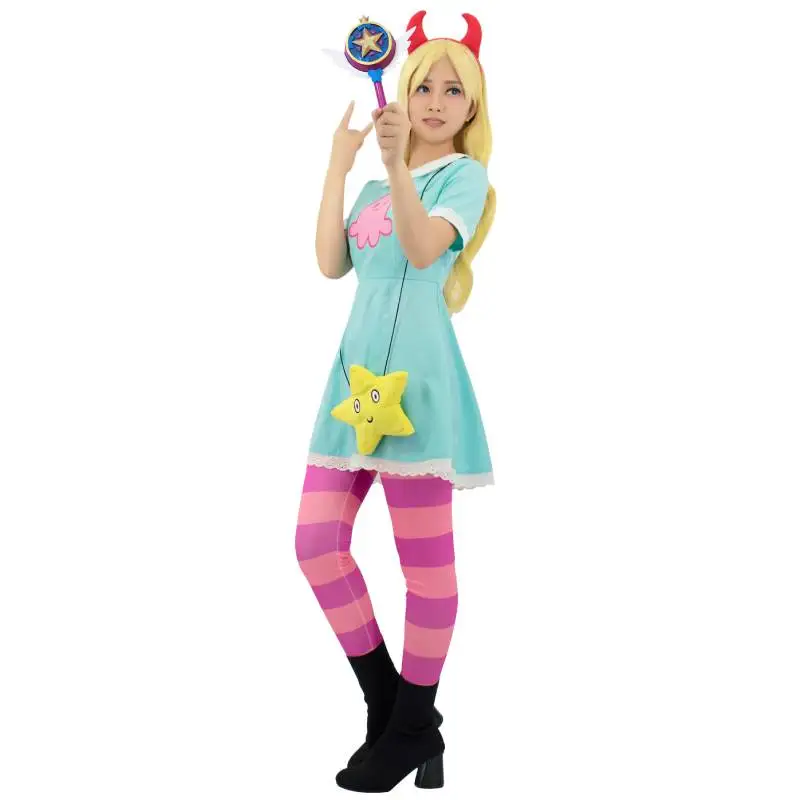 WENAM Girl's Princess Star Butterfly Cosplay Costume Green Dress Women's Halloween Anime Party Star Dress With Headwear and Bag