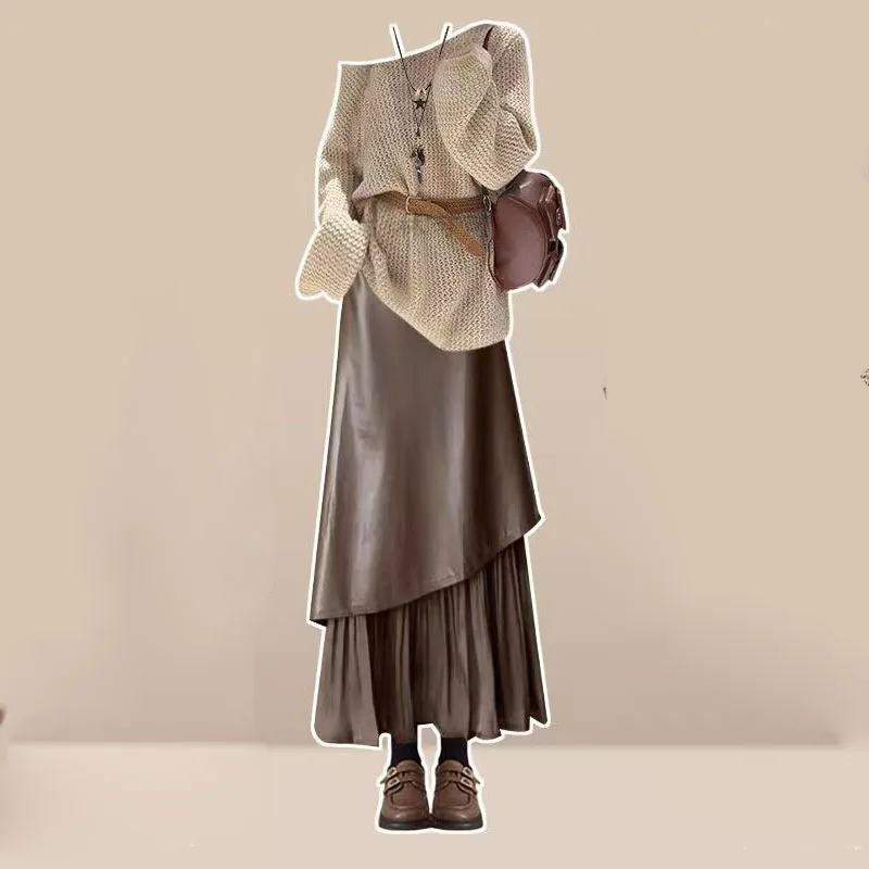 Top de malha retrô preguiçoso combinado com saia de couro de cintura alta conjunto de duas peças para outono e inverno 2025 baddie conjunto de 2 peças