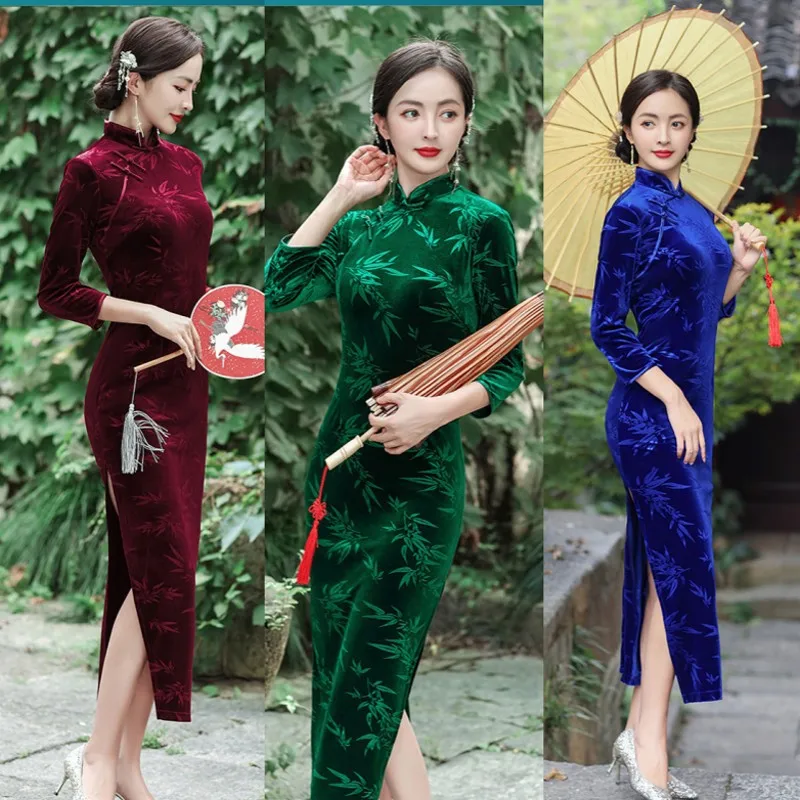 

Yourqipao Chinese Vintage Mother Dress Traditional Velvet Long Cheongsam 3/4 Sleeves Stage Performance Show Costume Plus Size