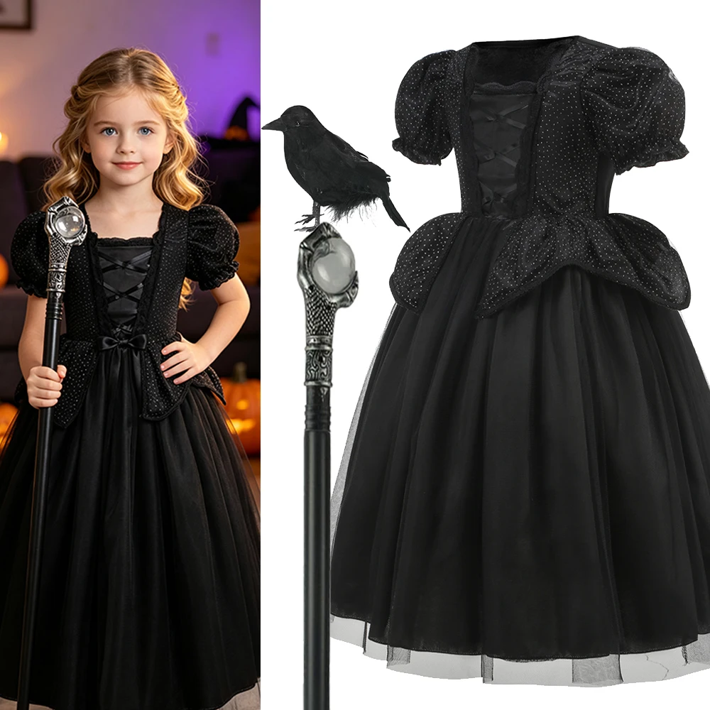 Girl Black Witch Cosplay Dress Kids Halloween Carnival Evil Queen Dress Up Costume Dark Theme Birthday Role Playing Party Gown