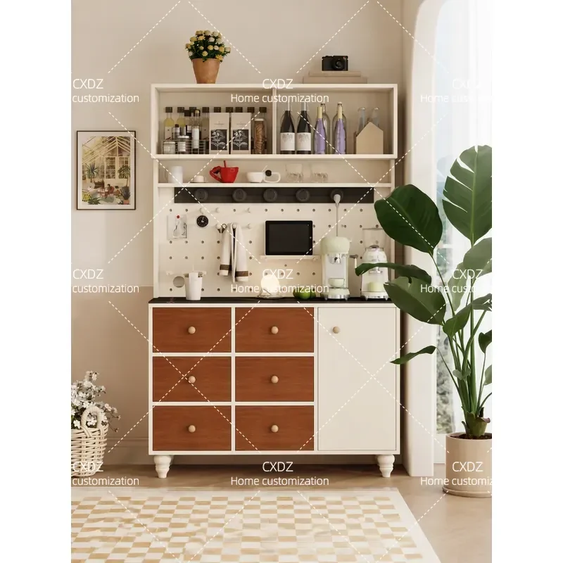 Retro Style Dining Side Storage Cabinet with Pegboard Household Coffee Bar Counter Integrated Water Bar Cabinet for Living