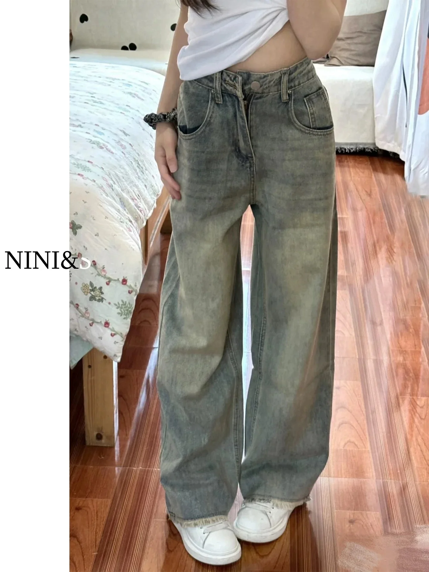 

Light Wash Wide Leg Straight Cut Jeans Women's High Waist Slimming Small Size Drapey Floor Length Pants Spring Autumn New Style