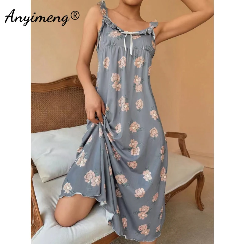 Ruffle Dress Elegant Floral Homedress Chic Slim Gowns Lady Lingerie Gorgeous Women Nightgowns Summer Fashion Retro Nightdress