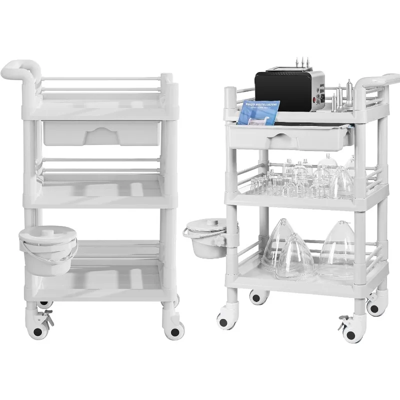 Beauty Salon Trolley, Water Bucket and 1 Large Drawer, 3-layer SPA Trolley, Load of 330 Pounds, 360 ° Rotating Silent Wheels