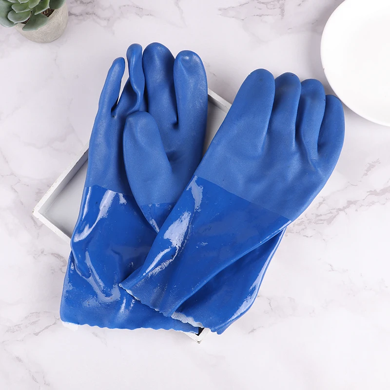 Guantes resistentes al aceite y al ácido alcalino, manoplas protectoras de seguridad Industrial de algodón con forro azul, productos químicos nocivos, 1 par