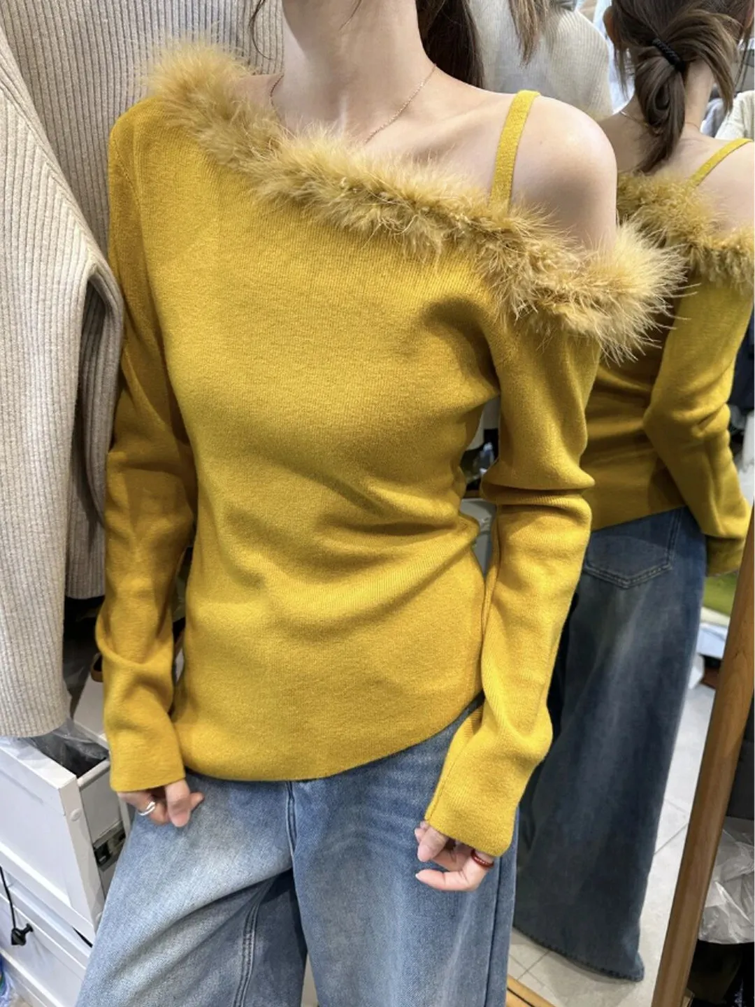 

oulder Bared Splice Yellow Base Sweater Women's Slim Fit Inner Knitted Top Korean Sle Long Sve Warm Thiened Autumn W...