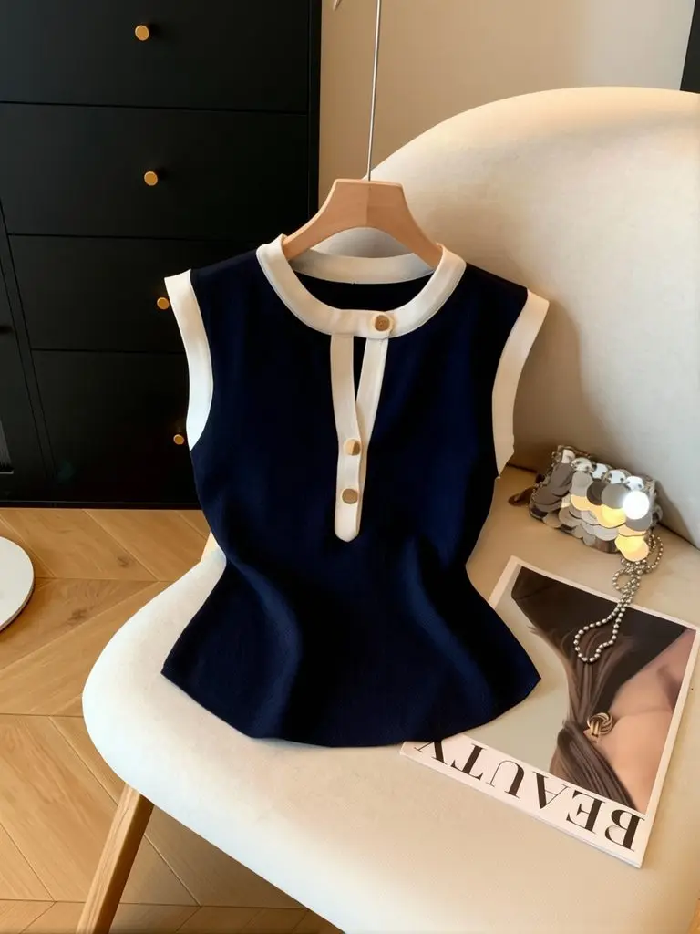 Vintage Sleeveless T shirt Women Button O neck Elegant Tank Top Slim fit Summer Top Casual Lady Work wear